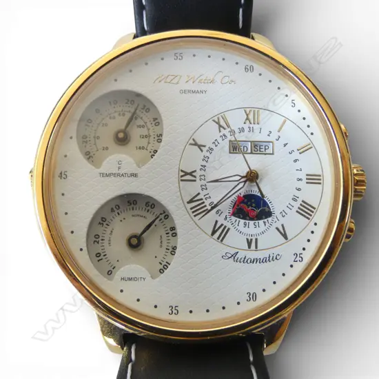 MZI WATCH COMPANY AUTOMATIC WRISTWATCH temperature and humidity indicators, box w. manual & int. warranty