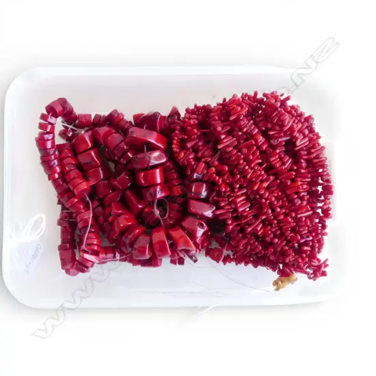 STRUNG DYED CORAL BEADS & HANK 5 STRINGS RED CORAL BEAD BRANCHES, new old stock