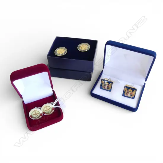 THREE SETS OF BOXED CUFF LINKS - INCL. NZ COAT OF ARMS, USA NAVY 
