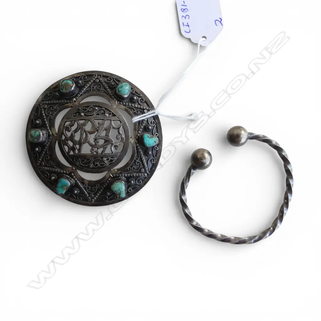 *RTV* EASTERN SILVER FILIGREE BROOCH with TURQUOISE D. 75mm (TESTING 96% SILVER, 34g) PLUS SILVER BANGLE (.925, 19g) Image 1++