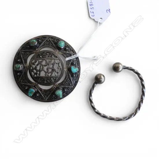 *RTV* EASTERN SILVER FILIGREE BROOCH with TURQUOISE D. 75mm (TESTING 96% SILVER, 34g) PLUS SILVER BANGLE (.925, 19g)