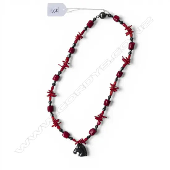 CORAL & HEMITITE NECKLACE w horse head pendant L.520mm