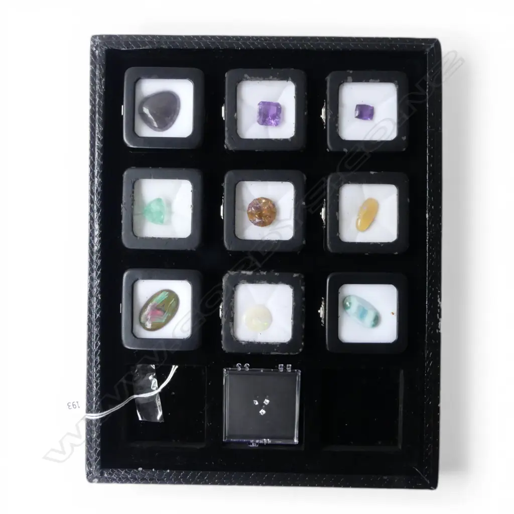 BOX GEMSTONES 3 amethysts/2 opals/1 citrine/1 fluorite/1 malachite?/1 Jasper etc From estate of Jeweller Simon Misdale Image 1++