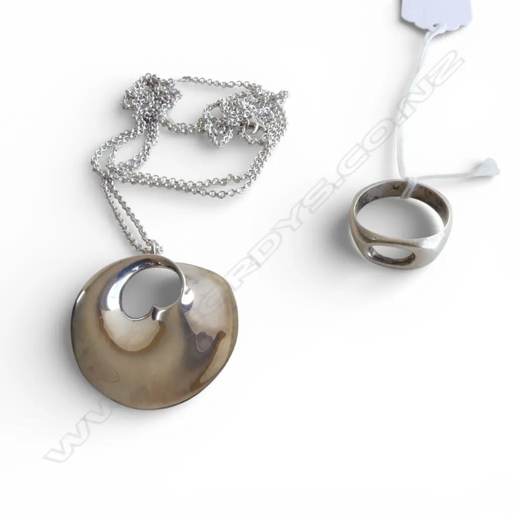 GEORG JENSEN SILVER 'HIDDEN HEART' NECKLACE, BOXED WITH MODERNIST STYLE SILVER RING Image 1++