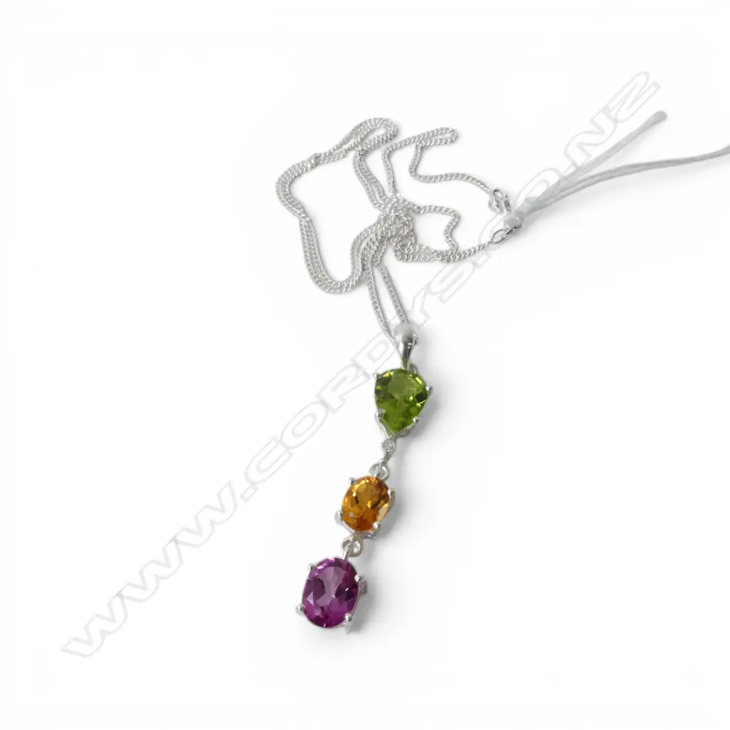 SILVER PERIDOT, CITRINE & RHODOLITE PENDANT on SILVER CHAIN Image 1++