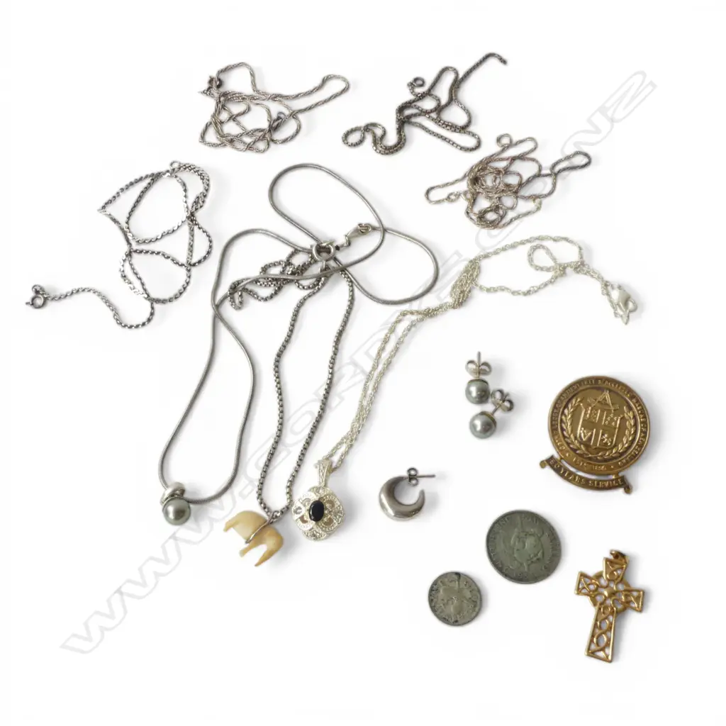 ASST MAINLY SILVER JEWELLERY: chains + earrings + Lodge 50 yr service silver medallion etc 80+ gms total Image 1++