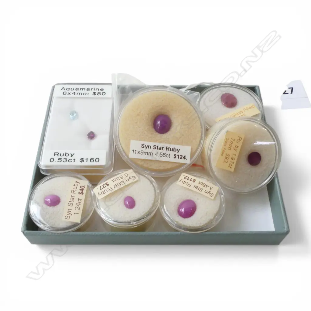 	7 various UNSET RUBY GEMSTONES: includes glass filled + synthetic stars etc + aquamarine + 'Syn. Rutile' ETC. Image 1++