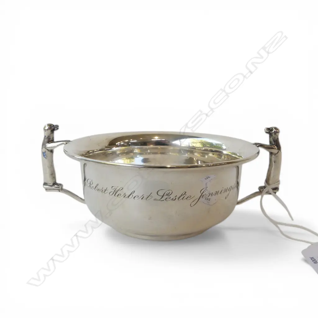 SILVER TWO HANDLED DISH, novelty dog handles, BIRM. 1930, Dia.110mm,154gm Image 1++