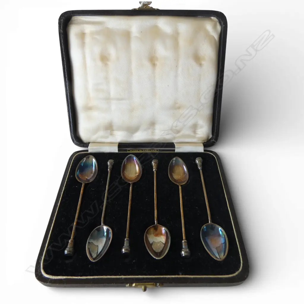 CASED SET OF 6 20thC ENGLISH STG SILVER & ENAMEL SPOONS 62gms Image 1++