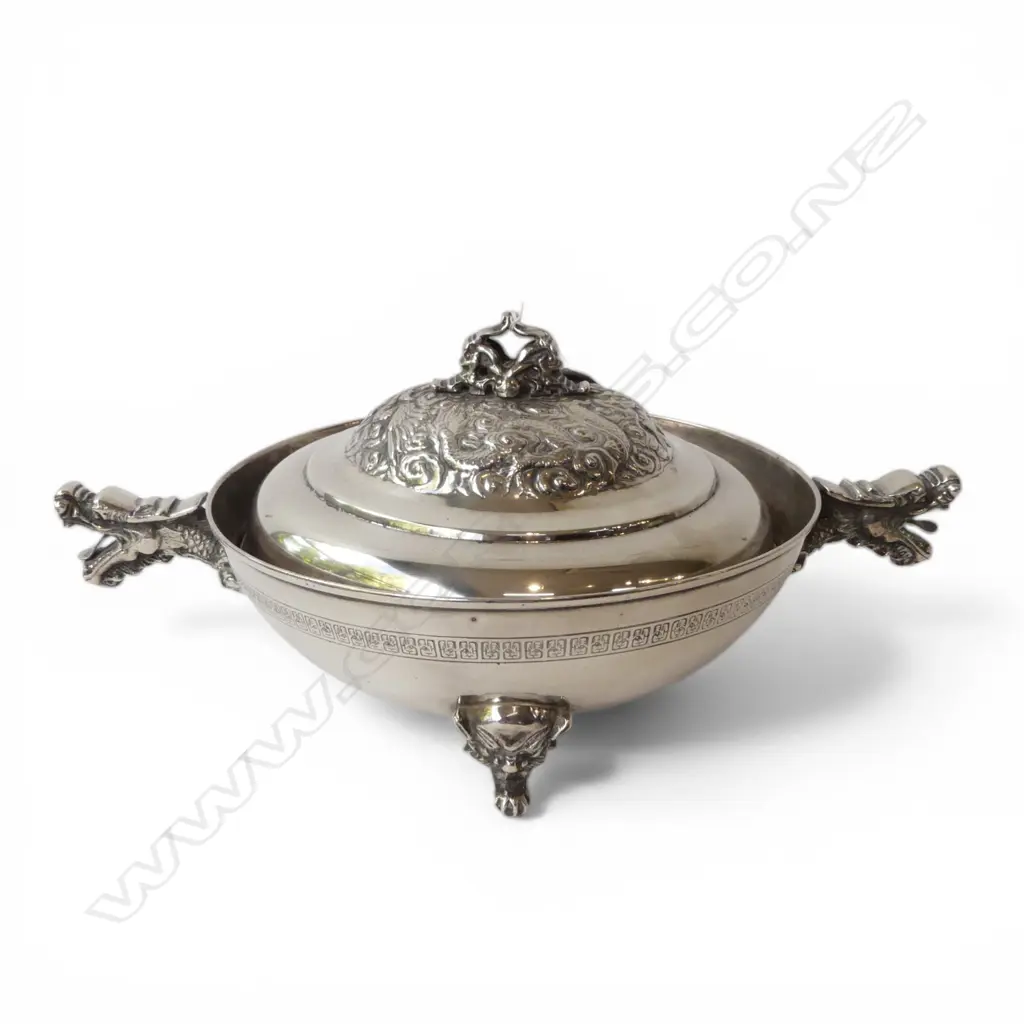 LRG PLATED LIDDED DISH w DRAGON HANDLES, Dia.300mm Image 1++