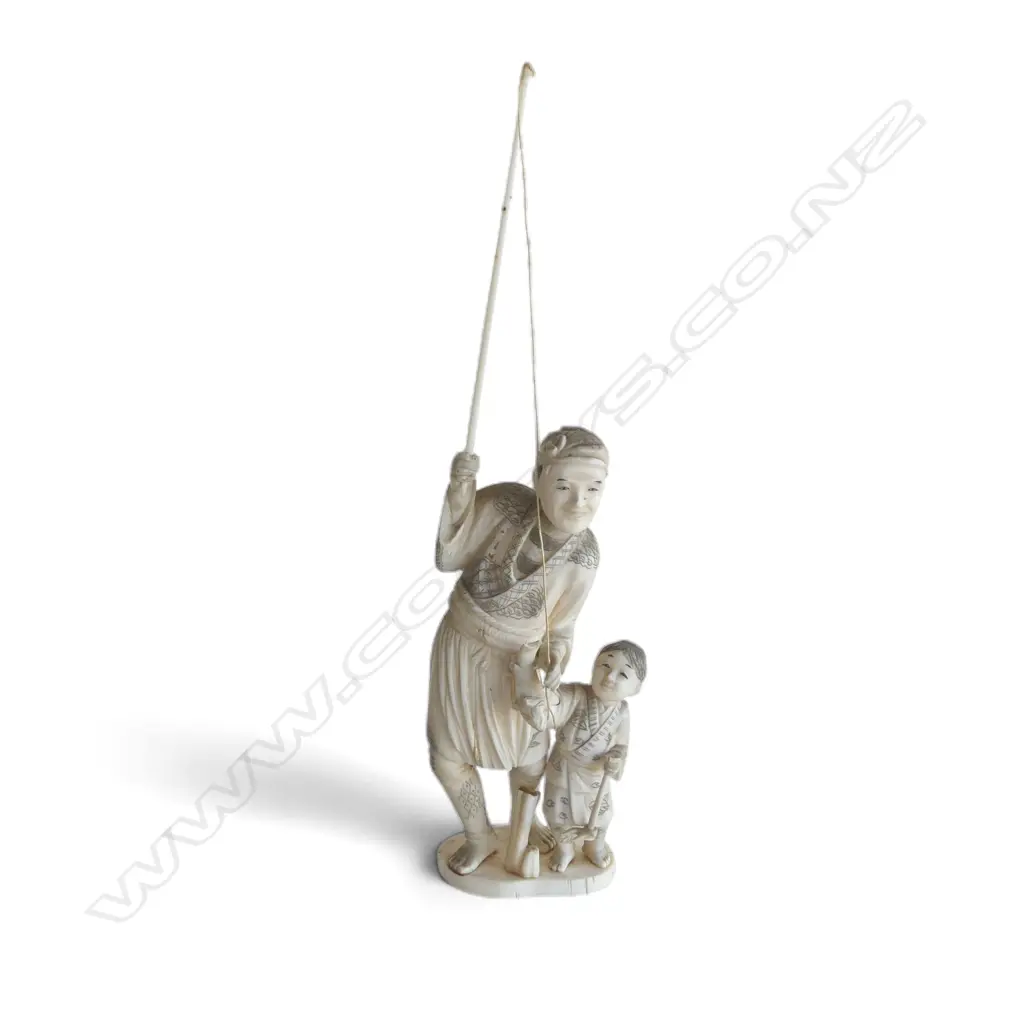 EARLY 20thC CHINESE CARVED IVORY FISHERMAN with his son. Holding pole high. H.275mm to top of pole Image 1++
