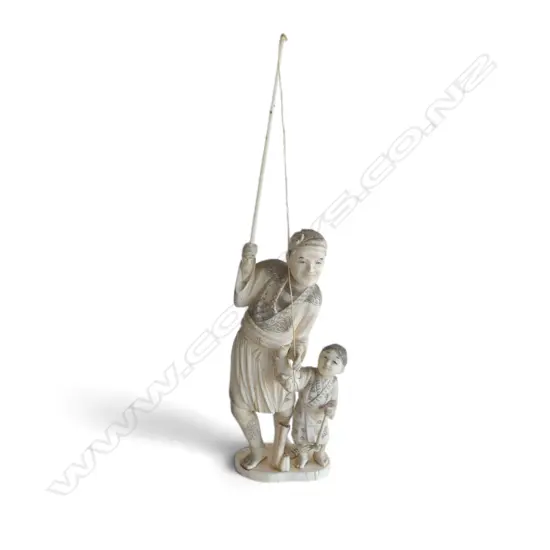 EARLY 20thC CHINESE CARVED IVORY FISHERMAN with his son. Holding pole high. H.275mm to top of pole