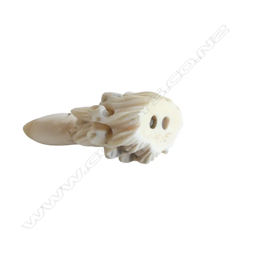 OLD JAPANESE CARVED IVORY standing fish NETSUKE on crashing waves signed. H.42mm Image 1++