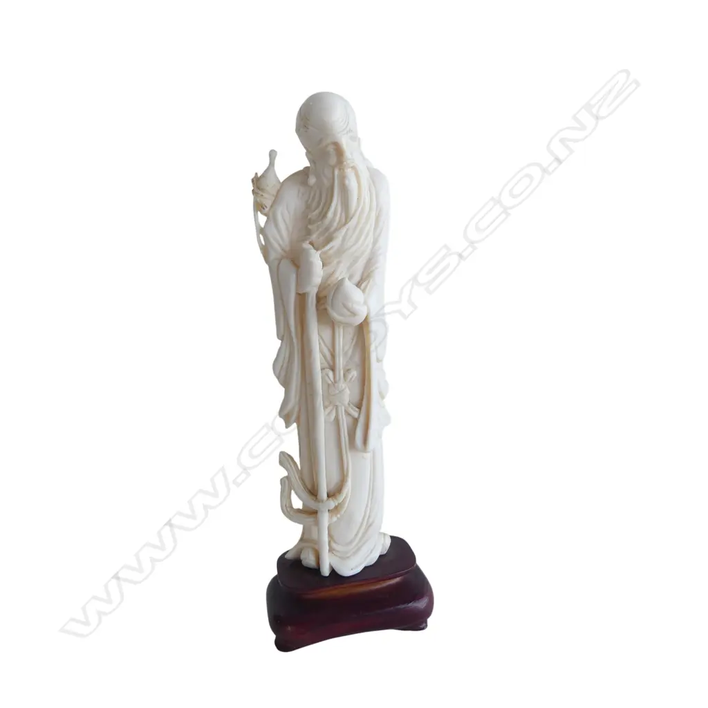 OLD MARINE IVORY CHINESESTANDING DEITY FIGURE with peach minor faults on wood base  H.180mm Image 1++