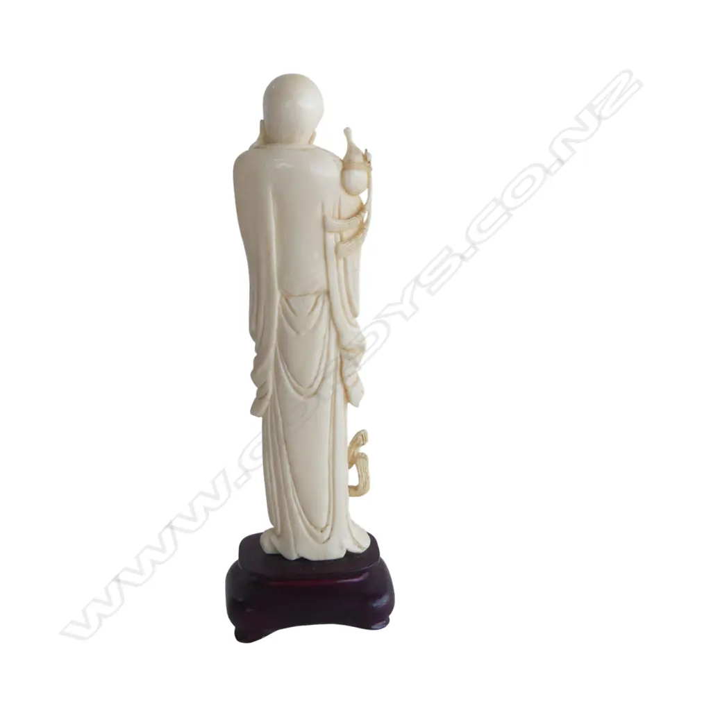 OLD MARINE IVORY CHINESESTANDING DEITY FIGURE with peach minor faults on wood base  H.180mm Image 1++