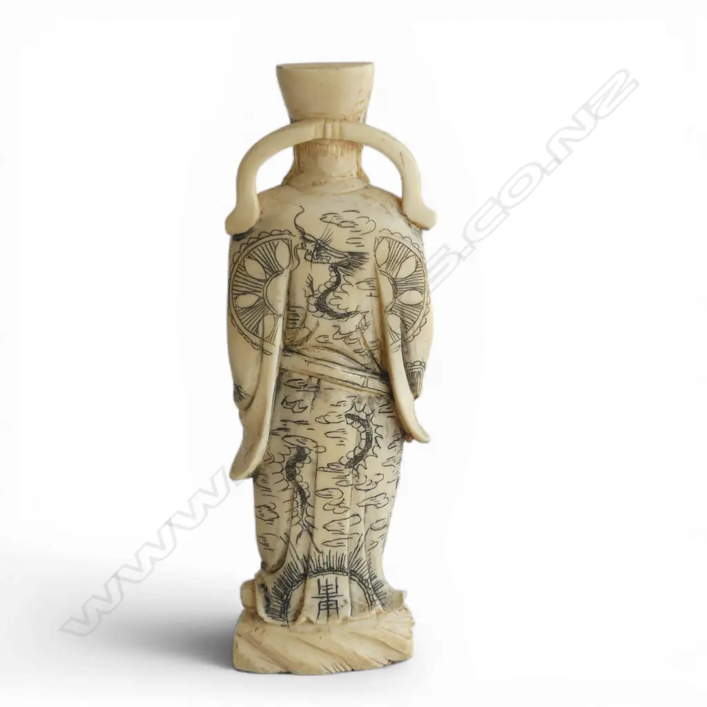 OLD MARINE IVORY CHINESE STANDING DEITY FIGURE with black stained highlights  H.155mm Image 1++
