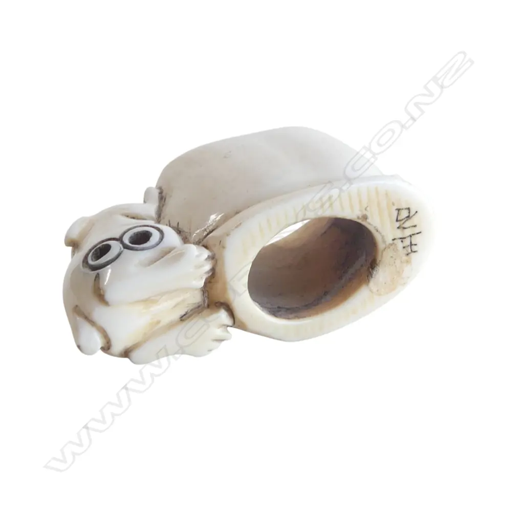 OLD JAPANESE CARVED IVORY NETSUKE cylinder form w puppy beside  signed. Image 1++