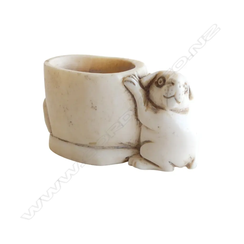 OLD JAPANESE CARVED IVORY NETSUKE cylinder form w puppy beside  signed. Image 1++