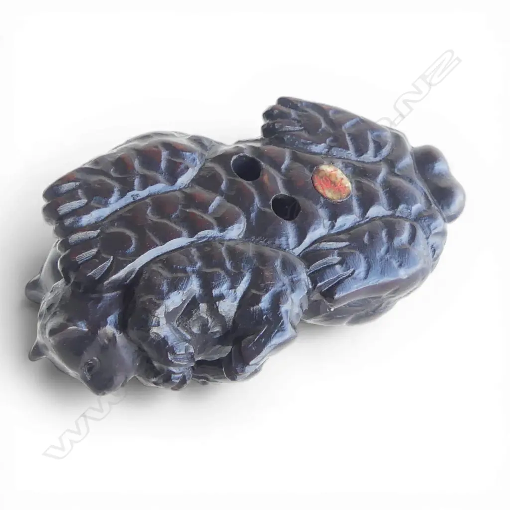 JAPANESE CARVED WOOD NETSUKE OF KUMA WITH CUB , UNSIGNED, L.57mm Image 1++