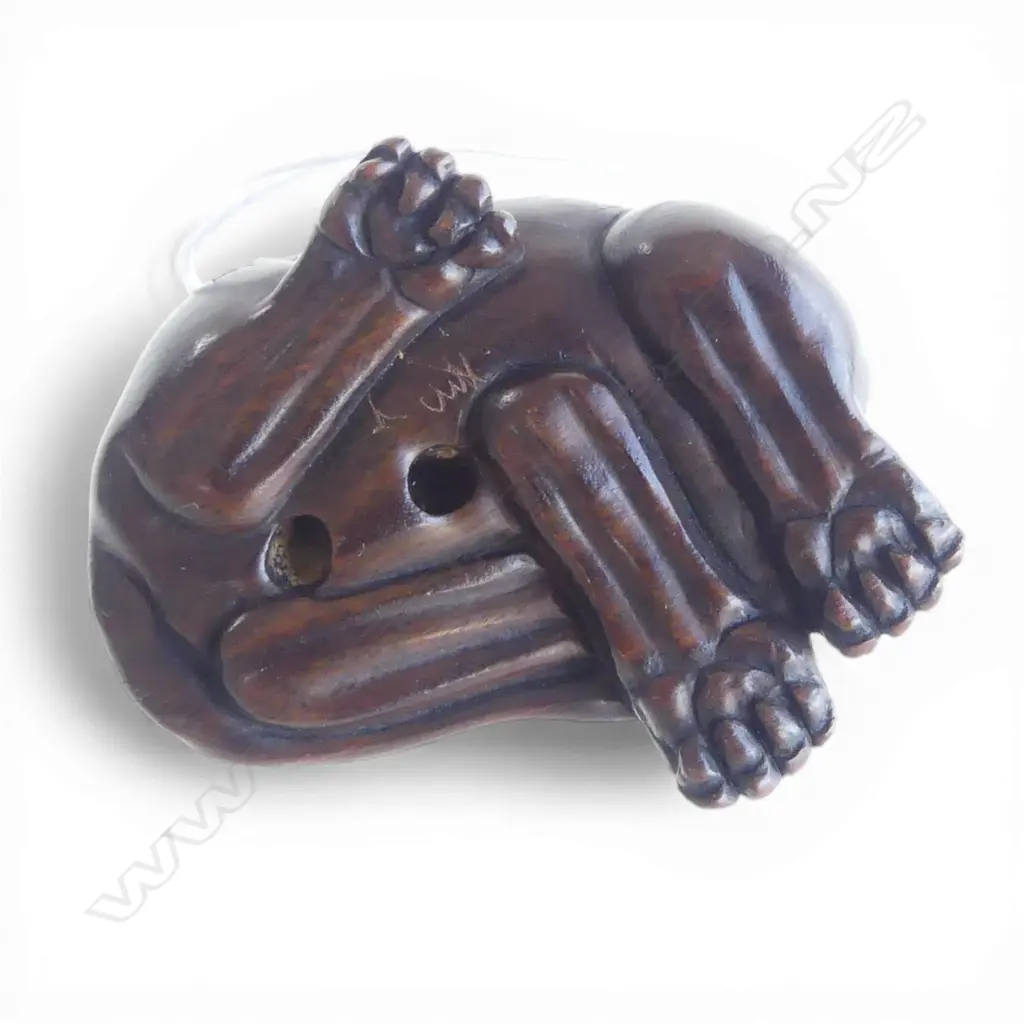 JAPANESE CARVED WOOD NETSUKE OF SLEEPING NEKO, SIGNED, L.45mm Image 1++