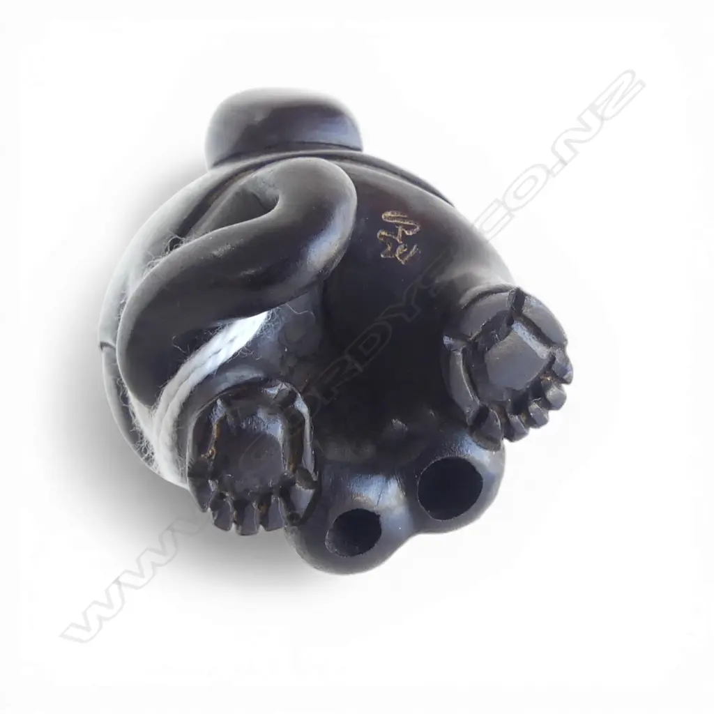 JAPANESE CARVED WOOD NETSUKE OF MALE TANUKI, SIGNED, H.50mm Image 1++