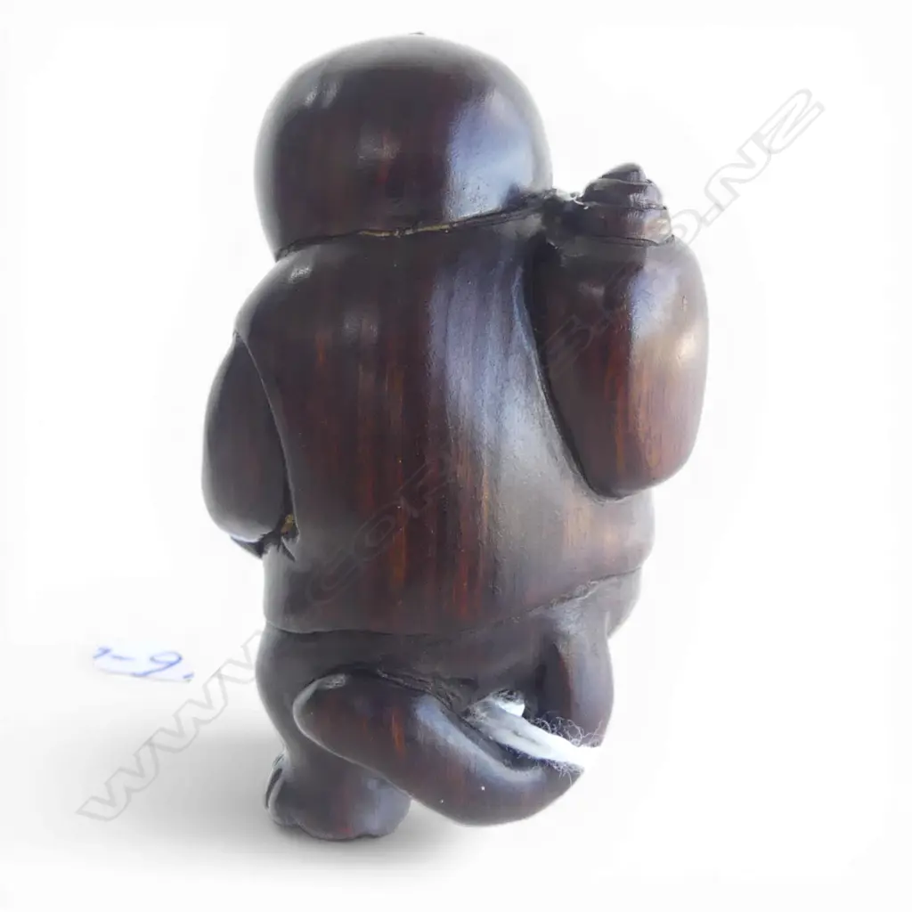JAPANESE CARVED WOOD NETSUKE OF MALE TANUKI, SIGNED, H.50mm Image 1++