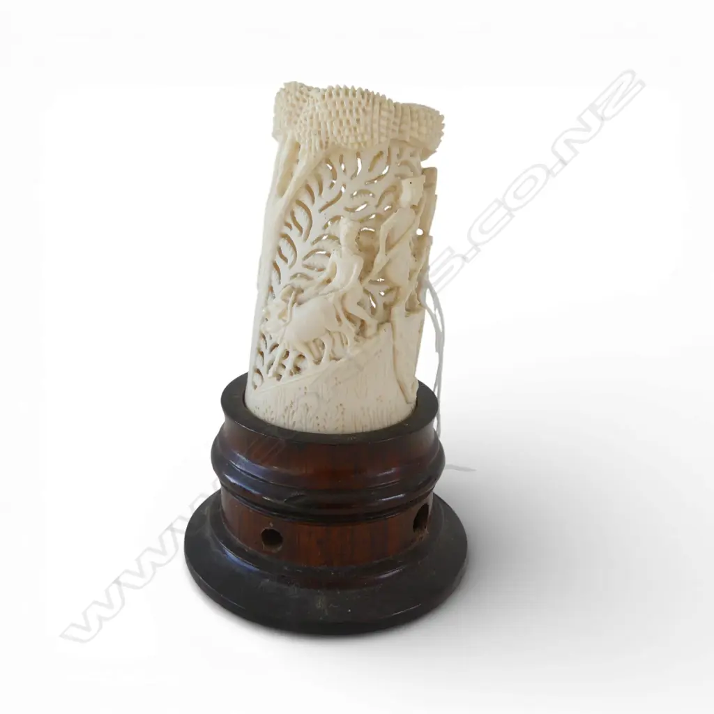 CARVED IVORY TUSK ON WOODEN STAND H.130mm Image 1++