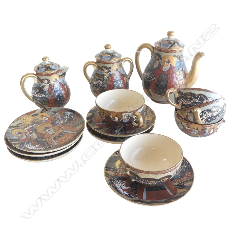 VINTAGE SATSUMA PART TEA SERVICE two pots, sugar, six saucers, five cups FAULTS Image 1++