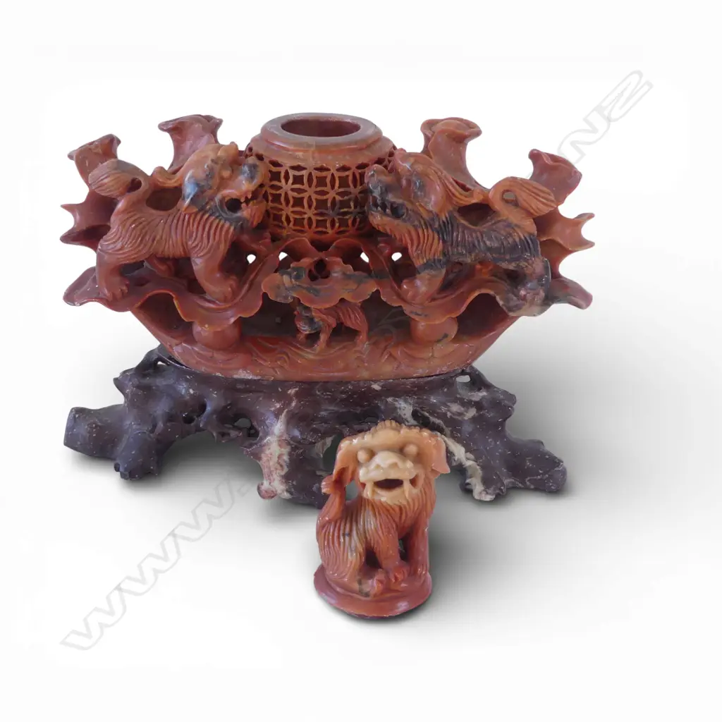 OLD CHINESE CARVED SOAPSTONE CARVING 3 shishi in 3 parts. W.205mm Image 1++