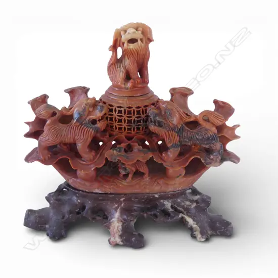 OLD CHINESE CARVED SOAPSTONE CARVING 3 shishi in 3 parts. W.205mm