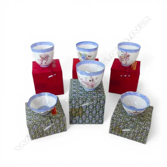 COLLECTION OF 6 BOXED CHINESE EGGSHELL CHINA TEA BOWLS DIA 80MM