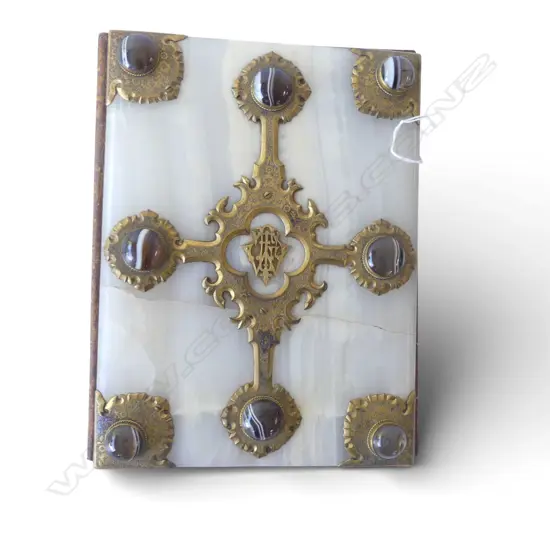 ECCLESIASTICAL BOOK COVER with brass floral engraved cross, monogram & inset banded agate. Leather back 275x210mm...