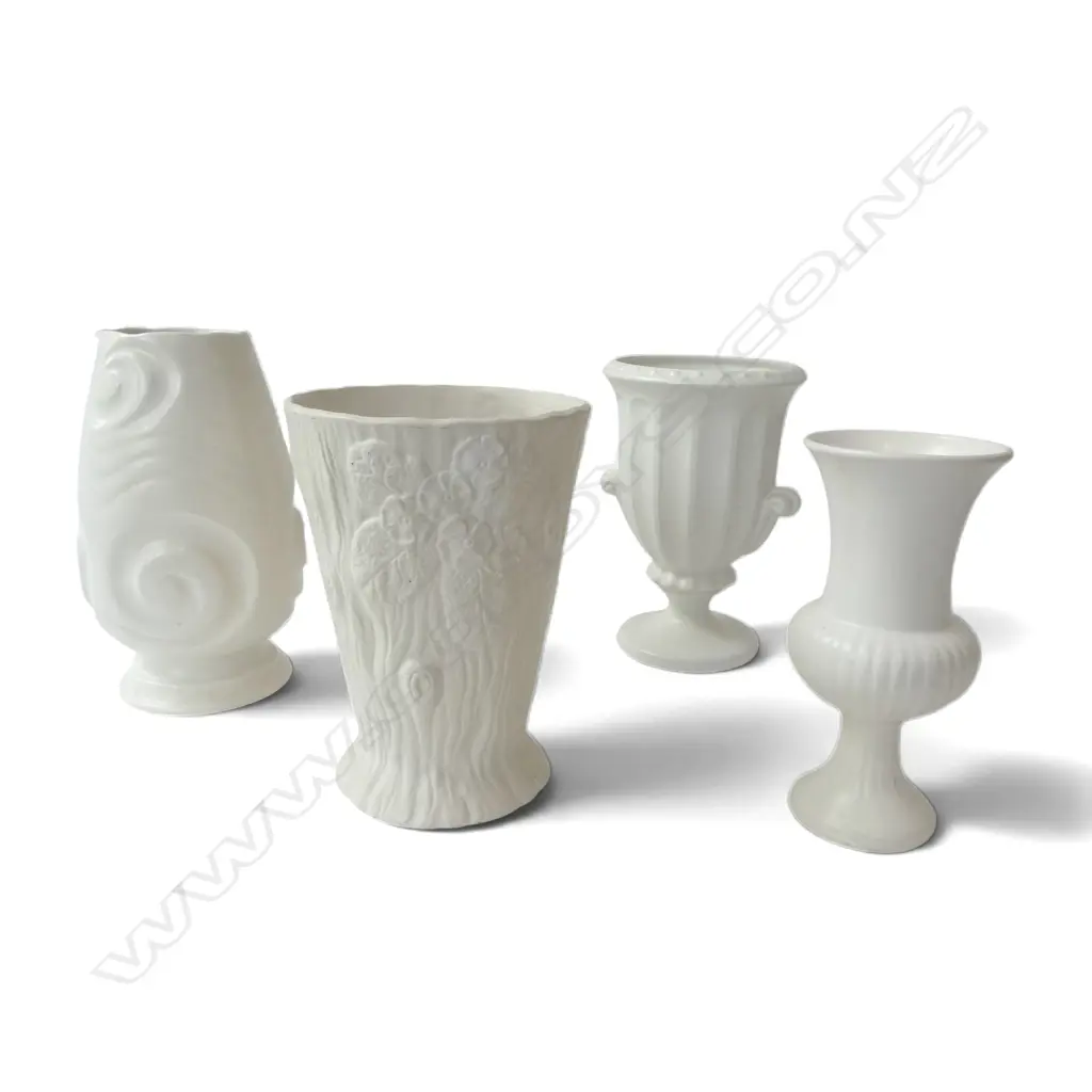 4 WHT VINTAGE VASES, 3 ENGLISH & 1 CROWN LYNN #.546. H.250mm tallest Image 1++