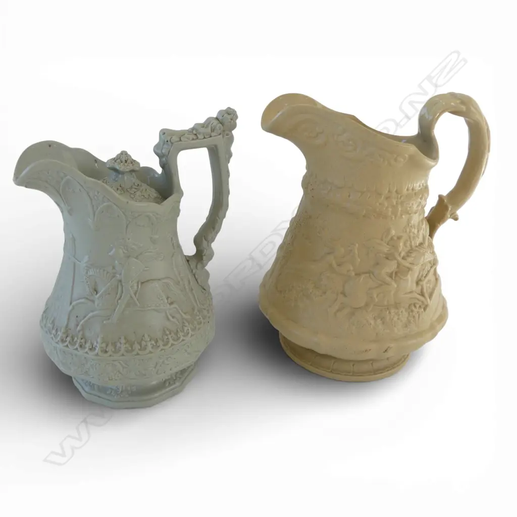 2 VICTORIAN RELIEF MOULDED JUGS: KNIGHTS + ROBERT BURNS 'Tam O'Shanter' H.175mm Image 1++