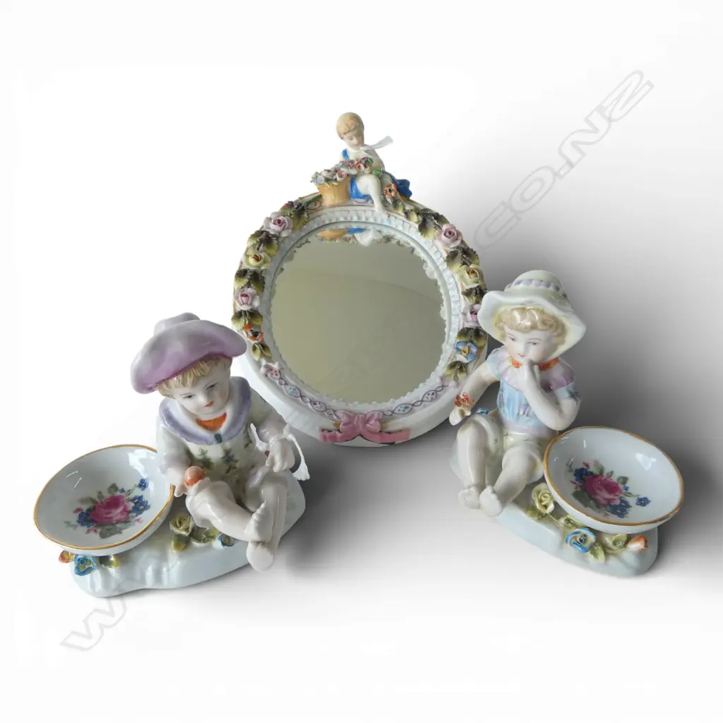 MIESSON CHINA FLORAL WALL MIRROR H210 & PR GERMAN CHINA FLORAL SALTS H110MM Image 1++