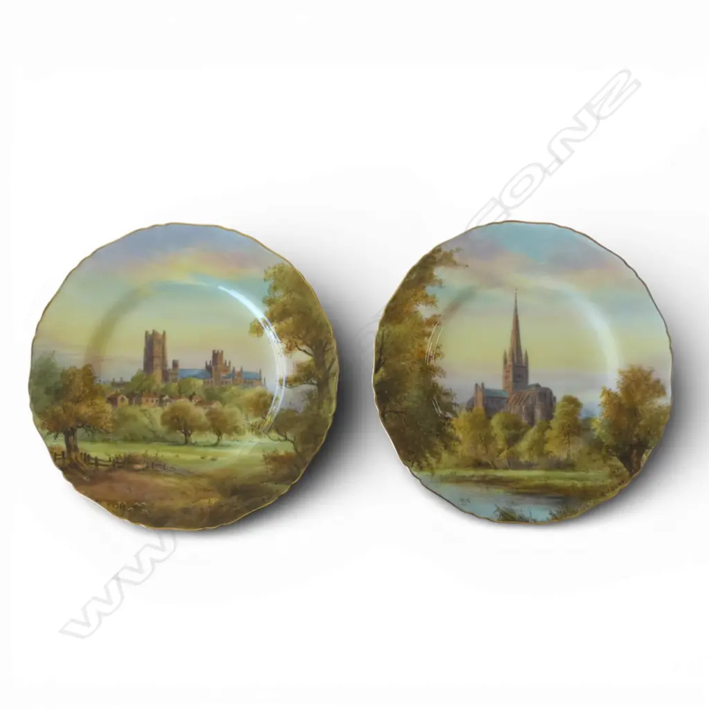 2 ROYAL WORCESTER HAND FINISHED CABINET PLATES, SIGNED R. RUSHTON; ELY & NORWICH CATHEDRALS 235mm dia Image 1++