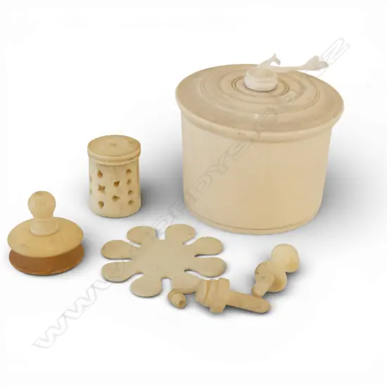 OLD TURNED IVORY/BONE THREAD CONTAINER lidded + fittings inside, one fitting not ivory/bone