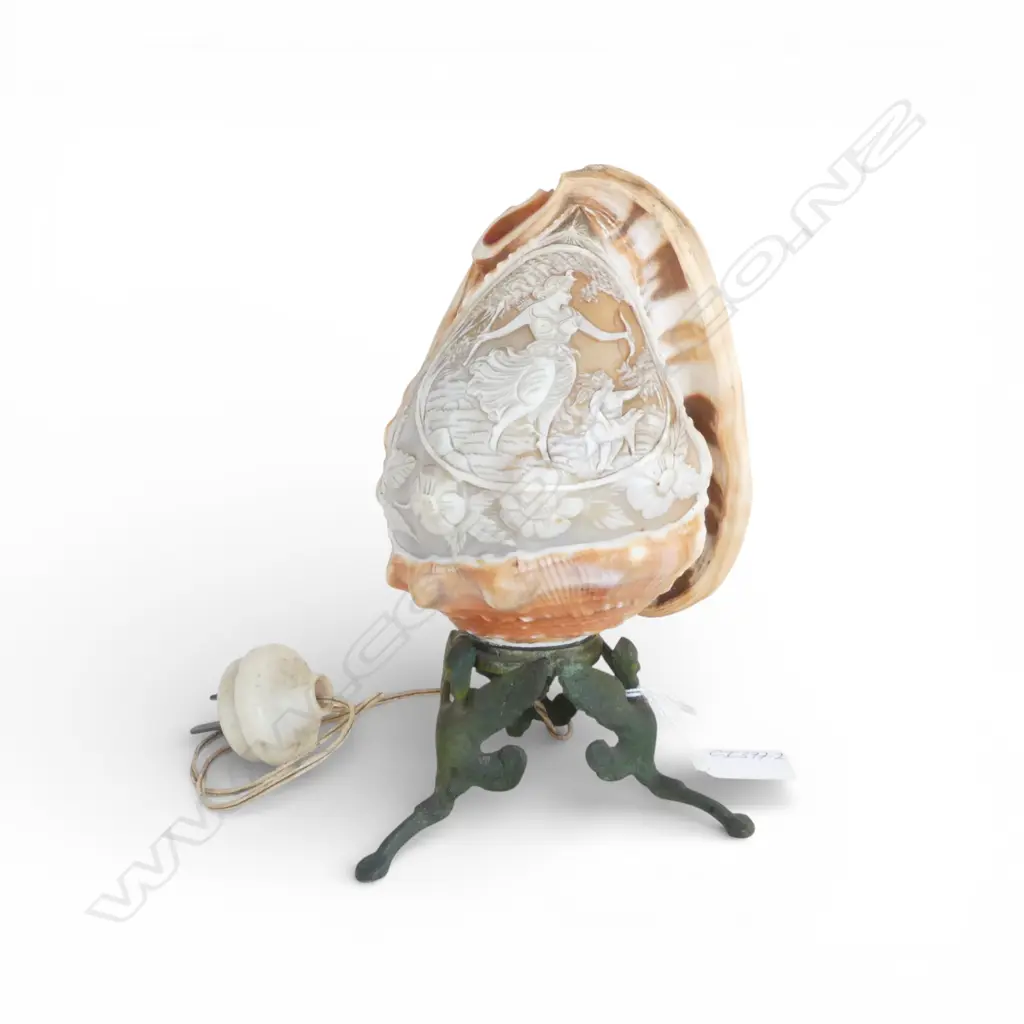 c1920 CARVED CAMEO SHELL LAMP w 3 winged metal fingers as the base. H.200mm Image 1++