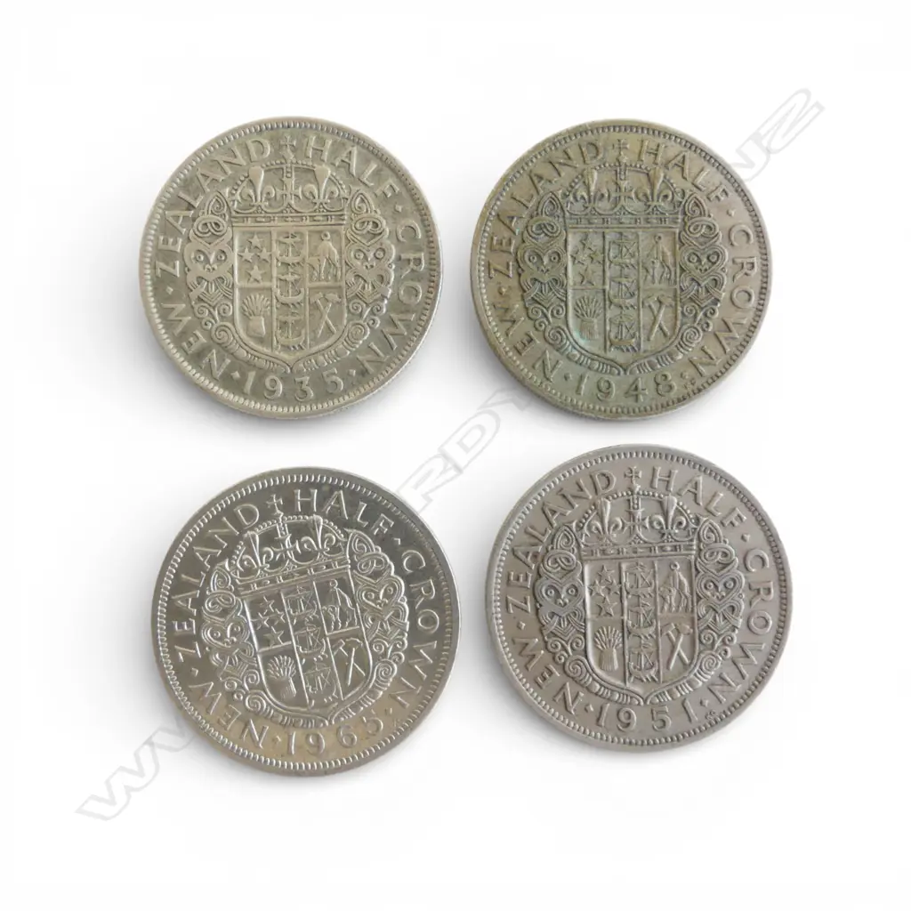1935 GEO. V NEW ZEALAND HALF CROWN + 3 OTHERS 1948, 51, 65 Image 1++