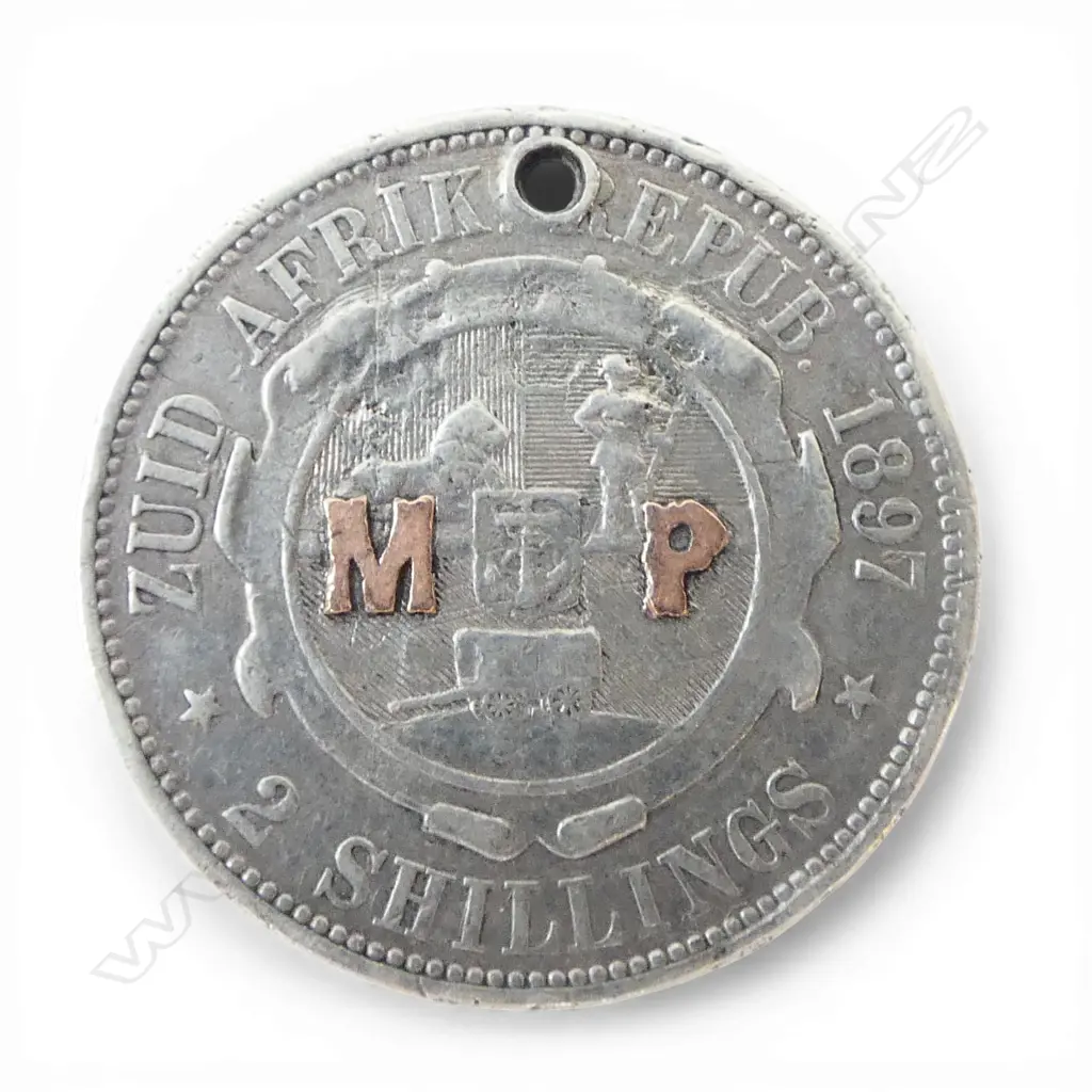 SOUTH AFRICA REPUBLIC 1897 SILVER TWO SHILLINGS (initials MP in gold) Image 1++
