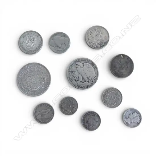 UNITED STATED 1934 SILVER HALF DOLALR, N.Z. 1943 .500 SILVER HALF CROWN + 9 OTHER COINS some silver 