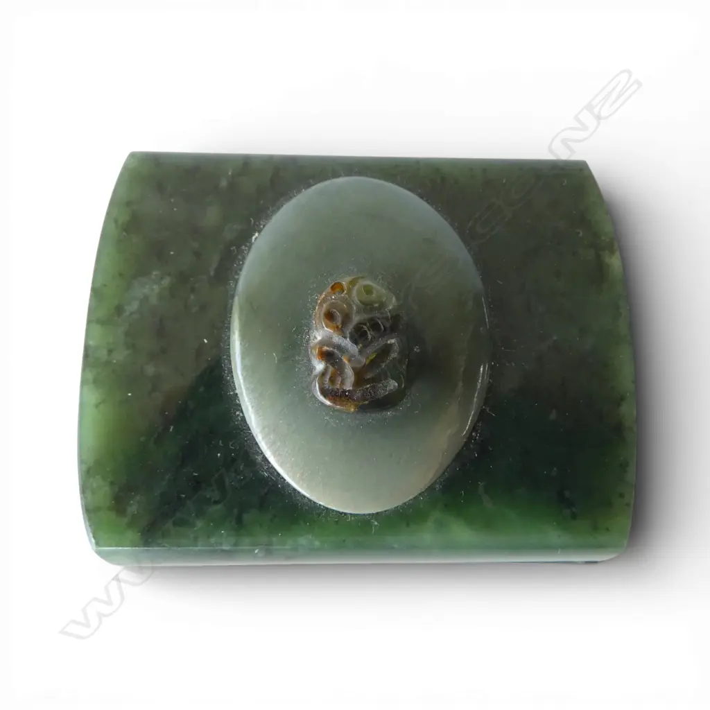 ALL POUNAMU LIDDED TRINKET BOX with tiki mounted to oval panel. W.60mm Image 1++