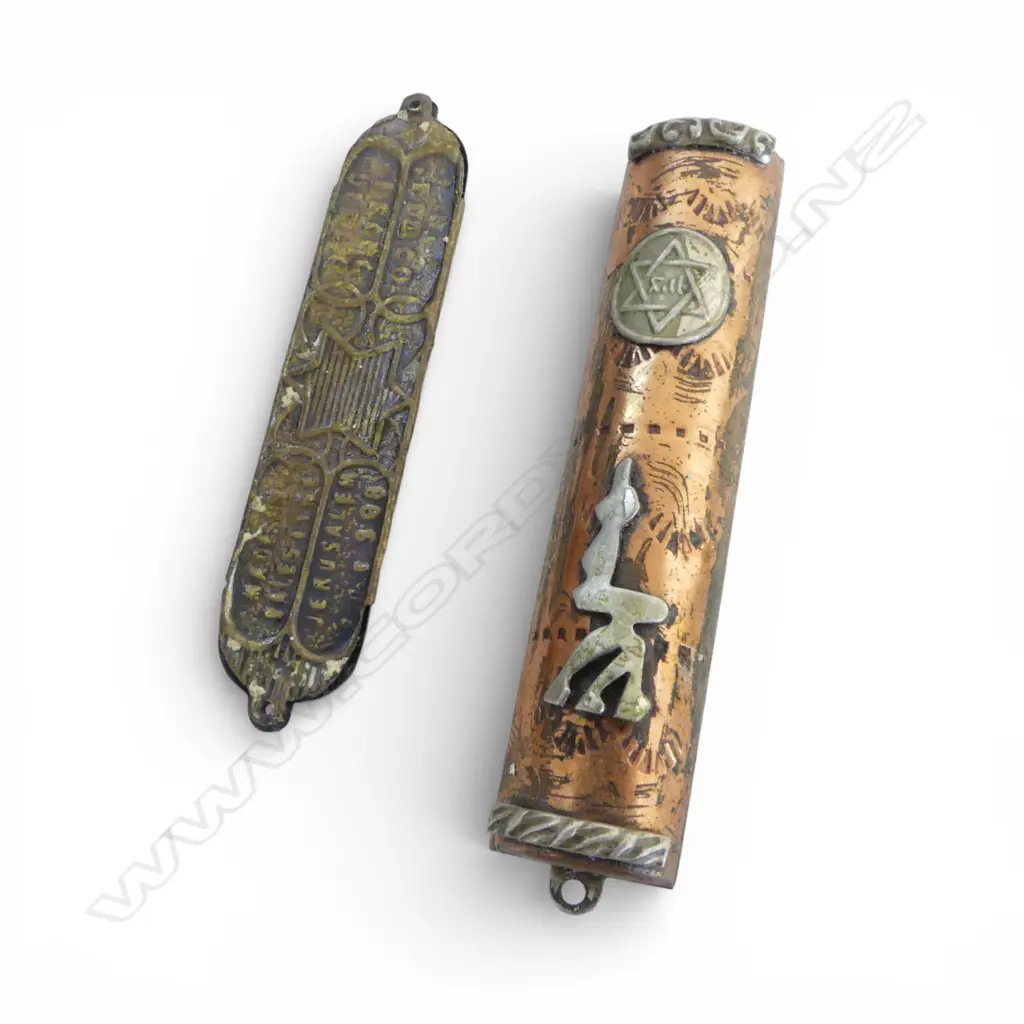 OLD COPPER? JEWISH MEZUZAH made in Jerusalem Palestine + BRASS MEZUZAH made in Israel, with prayer scrip L.78mm Image 1++