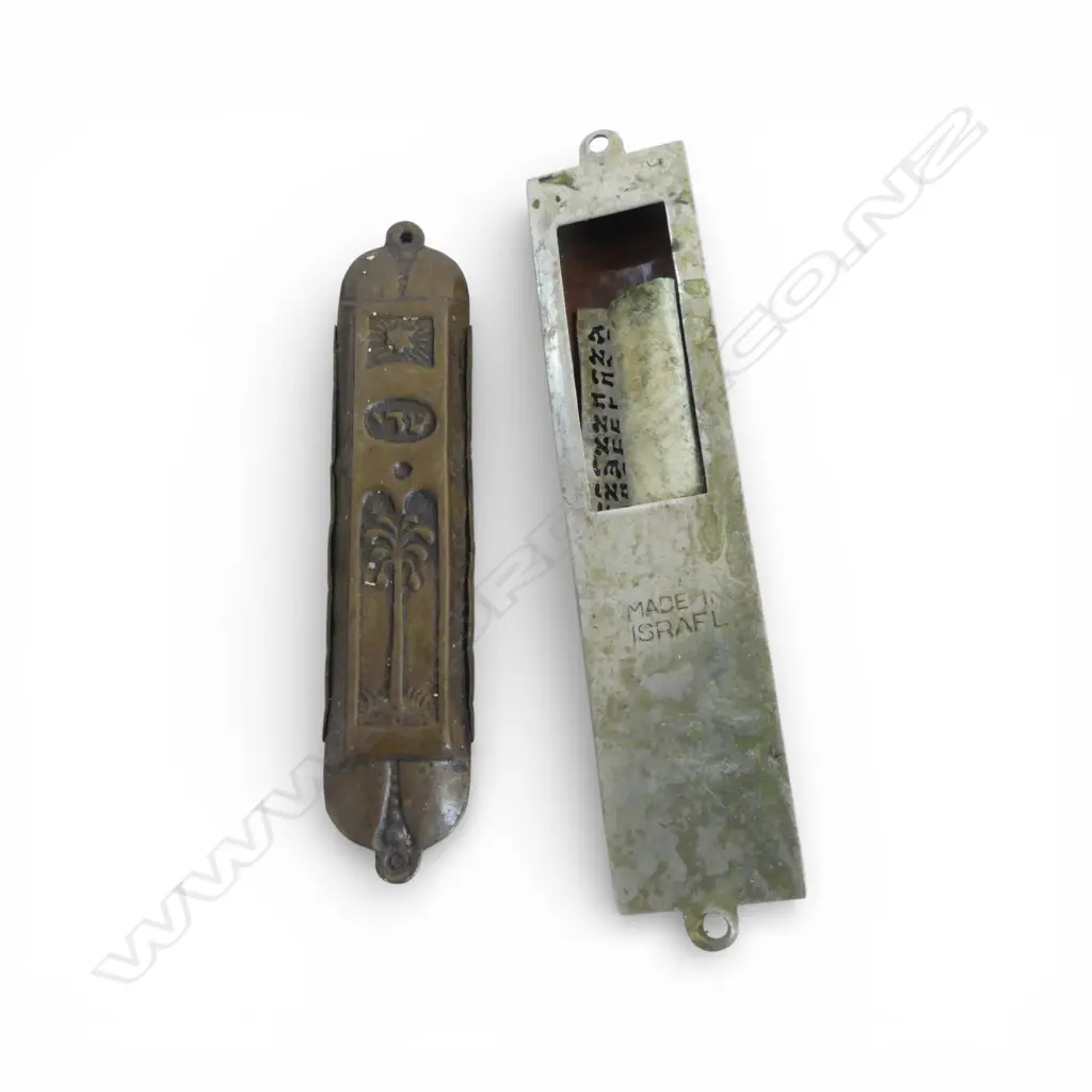 OLD COPPER? JEWISH MEZUZAH made in Jerusalem Palestine + BRASS MEZUZAH made in Israel, with prayer scrip L.78mm Image 1++