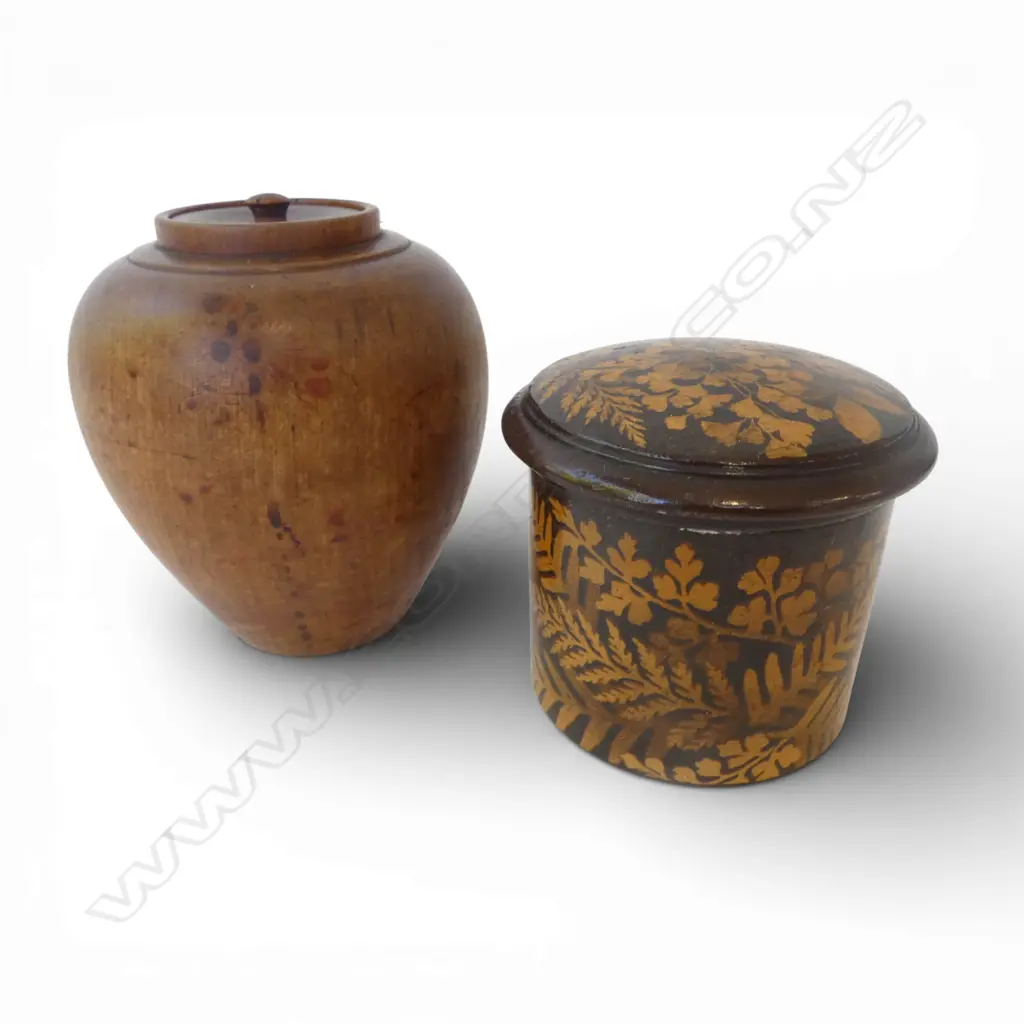 2 LIDDED CONTAINERS; ANTIQUE FERNWARE & TREEN H.120mm Image 1++
