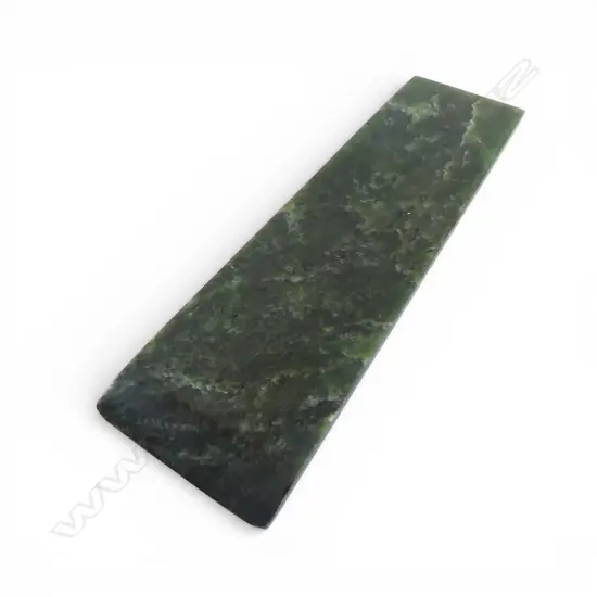 POUNAMU ADZE BLADE large flat tapered form. Good mid/dark green w pale inclusions. L.160mm
