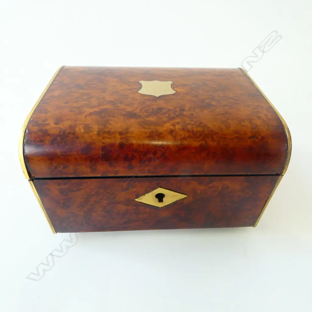 VICTORIAN BURR WALNUT JEWELLERY BOX, DROP FRONT w. DRAWER & KEY W.145mm Image 1++