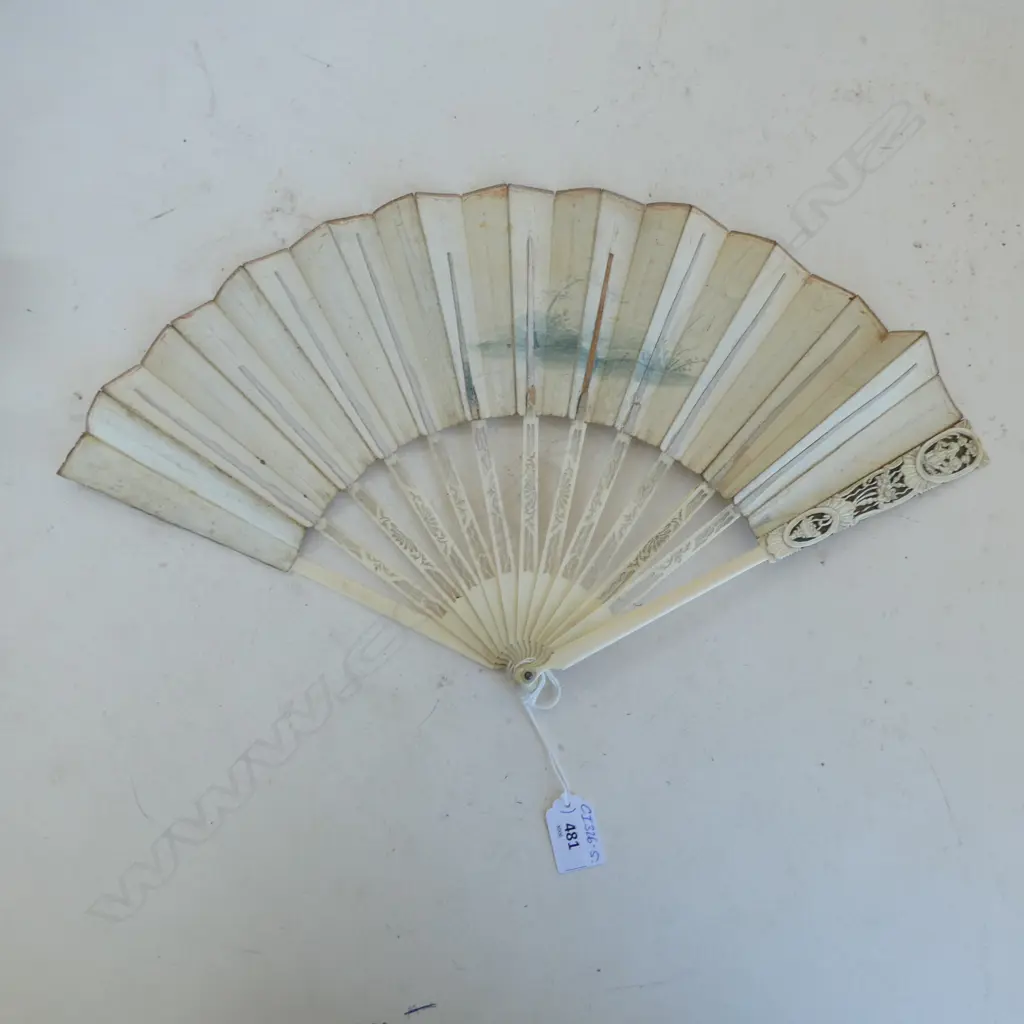 19thC CHINESE CARVED IVORY FAN with classically painted fold. L.280mm Image 1++