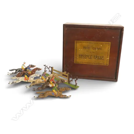 VINTAGE 'THE GAME OF THE STEEPLE CHASE' 6 LEAD JOCKEY & HORSE FIGURES + FENCE