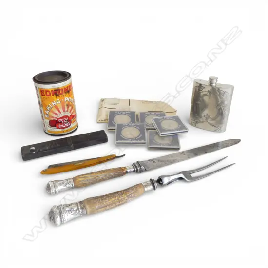 ASST COLLECTABLES: 2 pce antler carving set + 5 UNC 1967 $1 coins + pewter hip flask + Edmonds tin + razor 